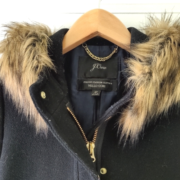 J. Crew black wool parka with faux fur trim - Picture 3 of 8